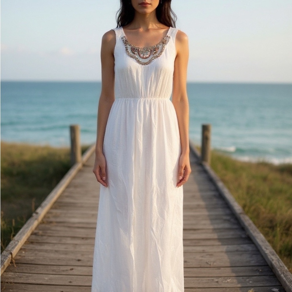 AGB Ivory Maxi Dress with Decorative Neckline
